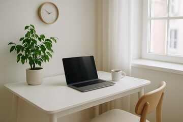 Fototapeta premium Laptop, Coffee, Plant on Desk, Minimalist Workspace