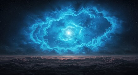 A bright blue nebula with a central glowing light over a dark cloudscape