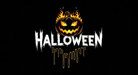 White "Halloween" lettering design with scary pumpkins on a black background, decorated with a creepy drip effect.

