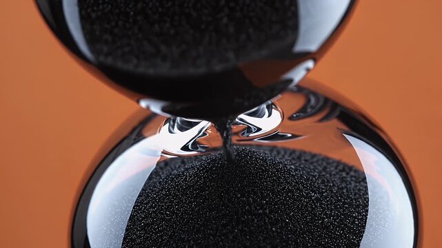 black sand trickles steadily through a sleek hourglass set against a warm orange backdrop symbolizing the inevitable passage of time and creating mesmerizing visuals ideal for concepts about