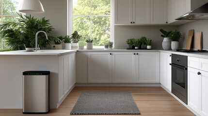 Modern minimalist kitchen interior with white countertops and cabinets, stainless steel trash bin, decorative rug, and natural sunlight, showcasing contemporary home design and clean lifestyle.