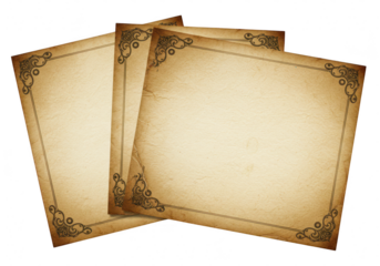 Three sheets of aged parchment paper with ornate vintage borders, isolated on a transparent background