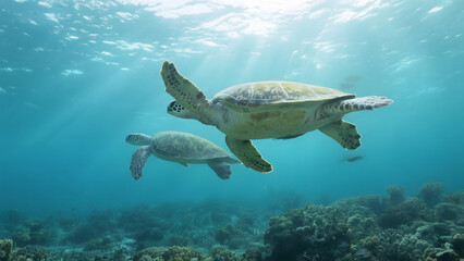 Obraz premium Two sea turtles swimming gracefully underwater near a coral reef with sunlight filtering through the water.