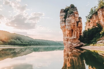 Majestic rock formation reflected in tranquil lake water at sunrise.