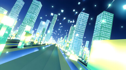 Futuristic cityscape, glowing skyscrapers, vibrant night view,  digital art,  technological city,  perspective