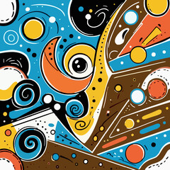 Colorful abstract artwork with swirling shapes, circles, and various geometric forms.