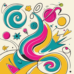 Abstract colorful illustration with swirling shapes, lines, and geometric forms on a light background.