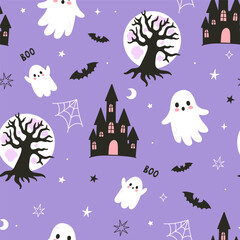 Halloween seamless pattern with ghosts on a purple background. Vector graphics.