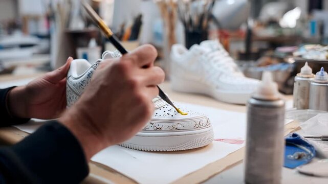 An artist skillfully hand-paints a sneaker in a lively studio filled with tools and materials, showcasing intricate designs and patterns while bringing the footwear to life.