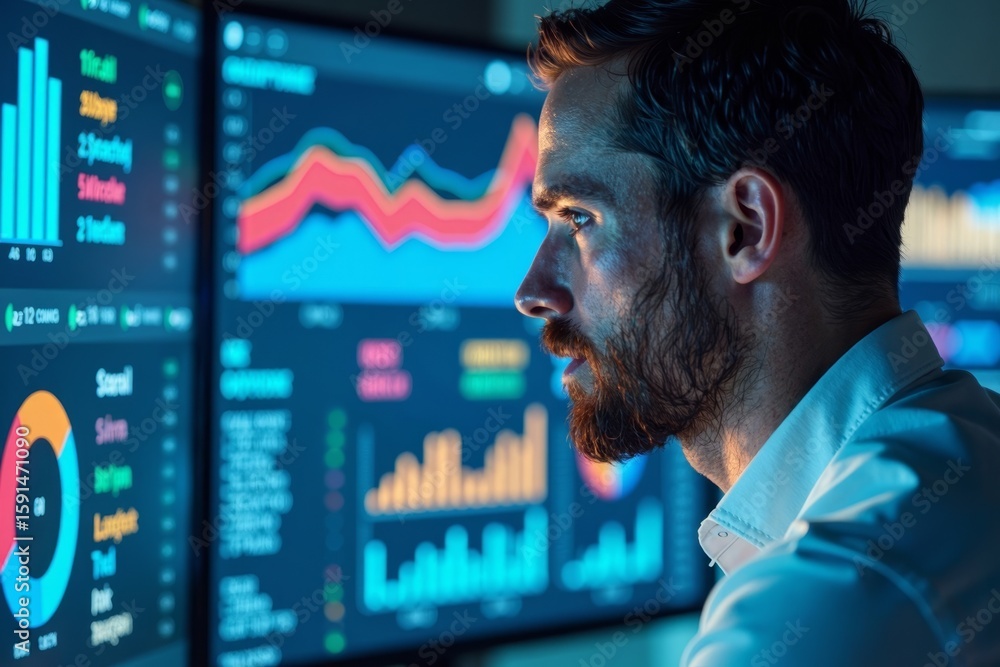 Poster a glimpse into the future: data analyst examining real-time kpis and metrics through colorful dashbo