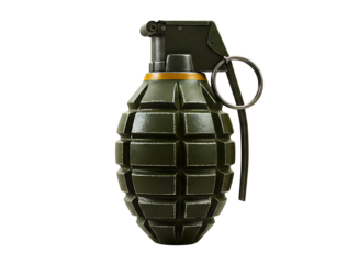 Military fragmentation hand grenade with safety pin isolated on transparent background