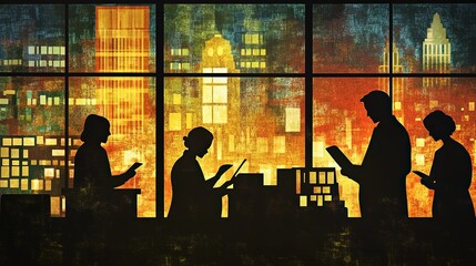 A montage showcasing silhouettes of people researching family trees, visiting archives, and connecting with their heritage. The background includes study room and a cityscape with historical landmark