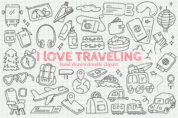 I Love Traveling Doodle Clipart &ndash; Hand Drawn Travel Icons Set