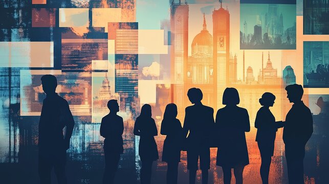 A montage showcasing silhouettes of people researching family trees, visiting archives, and connecting with their heritage. The background includes study room and a cityscape with historical landmark