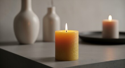 Warm Candlelight Glow: Textured Wax Candle with Vases in Soft Focus