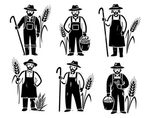 Set of Traditional Farmer Illustrations in Woodcut Style