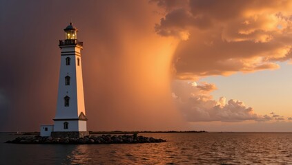 Serene Lighthouse at Sunset: Dramatic Sky, Coastal Calm, Website Banner, Travel Brochure