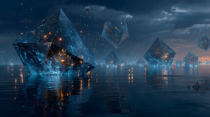 Surreal Bioluminescent Crystals Floating in Ocean Dreamscape