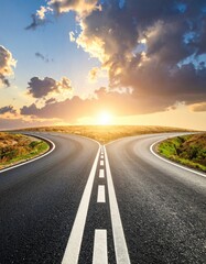 Two roads diverge at sunset