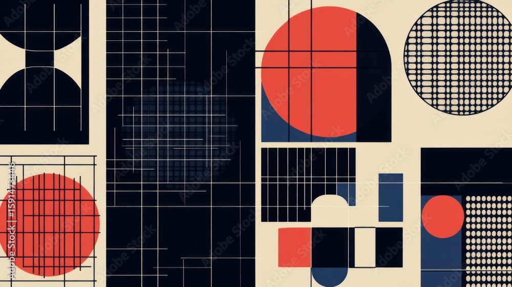 Poster abstract geometric composition with circles and grids in retro style