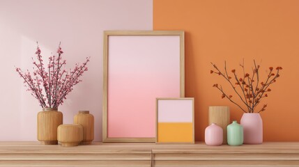 Modern home interior mockup shows blank white poster in black frame on light wooden cabinet against beige wall. Light blue vase with blue thistle flowers sits beside frame. Interior design template 
