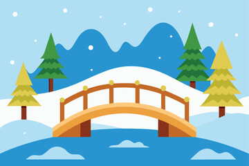 wooden bridge over a snowy creek  surrounded by d