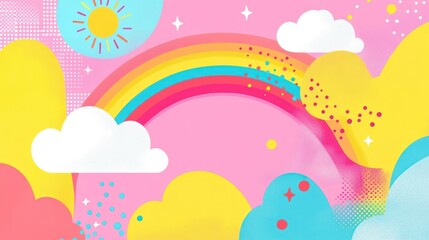 Playful Pink Sky, A Cartoon Rainbow with Clouds and Sun Illustration