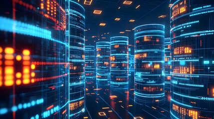 Digital data storage, glowing cylinders, complex network.  Abstract illustration of servers,  lines of code, and  data flowing through the system