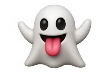 Playful cartoon ghost rendering, tongue out, transparent backdrop, whimsical halloween graphic design element