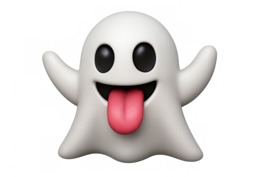 Playful cartoon ghost rendering, tongue out, transparent backdrop, whimsical halloween graphic design element