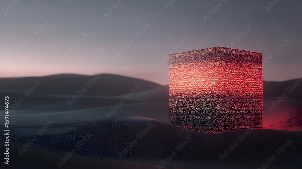 Aufkleber large glowing cube in a desert landscape at dawn. internal structure of the cube is visible with a r