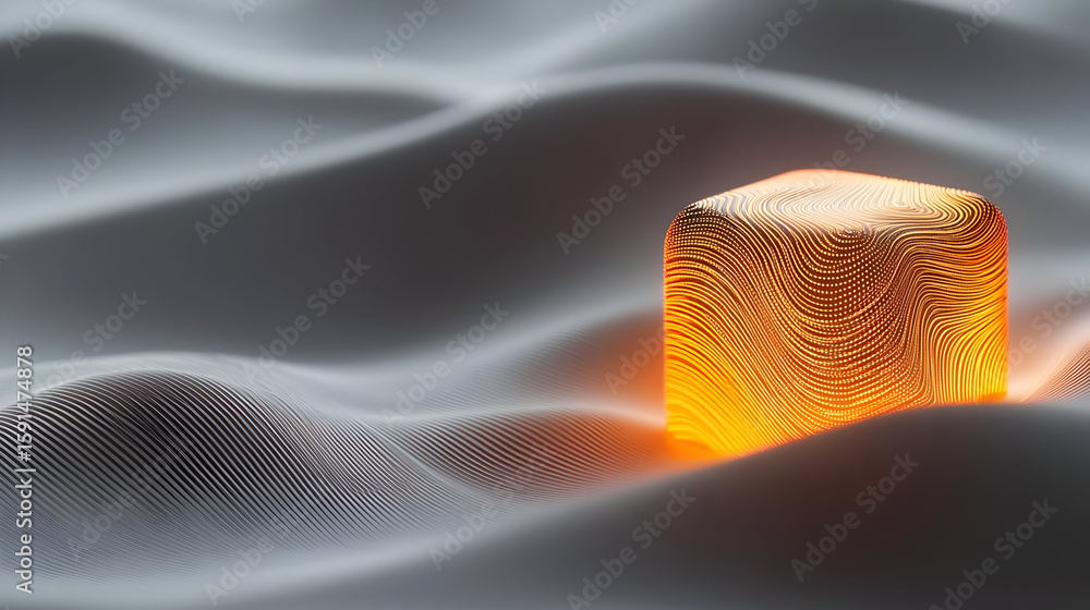 Poster luminous cube resting on undulating surface. detailed golden lines adorn the cube's face, illuminati