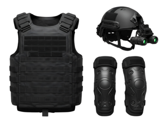 Tactical gear including vest helmet and knee pads isolated on transparent background