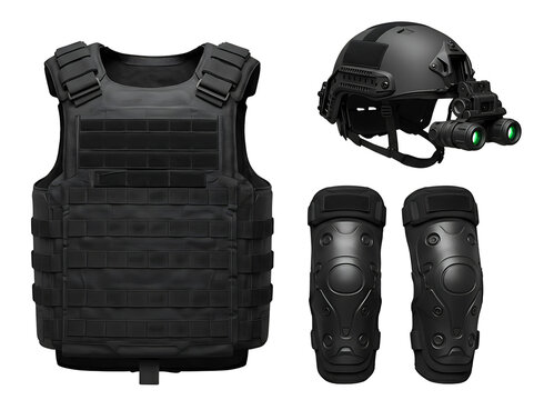 Tactical gear including vest helmet and knee pads isolated on transparent background