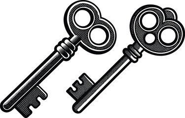 An illustration of two antique skeleton keys with ornate bow designs against a white background