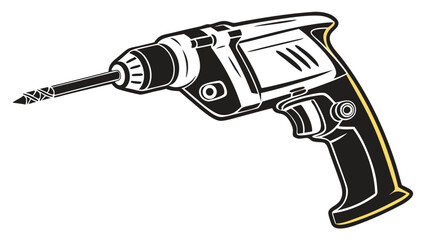 A cordless drill, black and white illustration, angled view, ready to use.