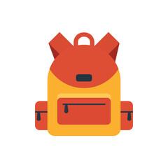 A flat, stylized backpack illustration: orange top, yellow body, front pocket, side pouches, against a white background, creating a cheerful, simple design.
