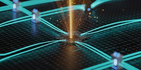 Futuristic Digital Circuitry with Glowing Energy Beam and Connected Network Wires