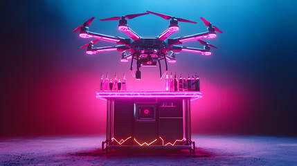 Futuristic drone bar with neon lighting.  A drone hovers above a glowing, mobile bar stocked with drinks.  The scene is vibrant with pink and blue hues