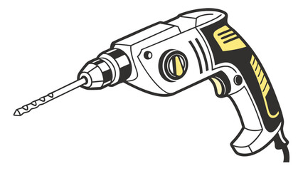 Illustration of a power drill with a drill bit, featuring black and yellow accents, isolated on a white background.