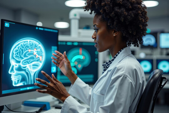 Afrofuturistic Photoshoot: Black Female Neuroscientist/Neurosurgeon Analyzing Holographic Brain Projection in High-Tech Medical Environment