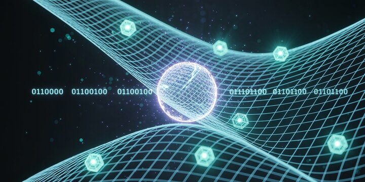 Futuristic Digital Data Visualization with Glowing Spheres and Binary Code