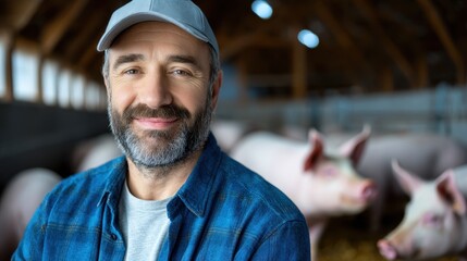 Farmer Standing in Pigsty with Livestock in Background, wide-angle professional photo of a pig farmer, content related to farming, food production, animal husbandry, and sustainable agriculture.