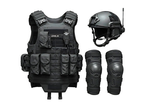 Tactical gear including vest helmet and knee pads isolated on transparent background