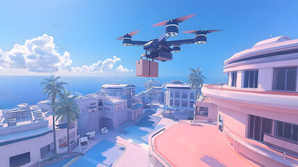 Drone delivers package over pastel-colored coastal town.  Drone with cardboard box flies above cityscape.  Coastal scene with pastel architecture, palm trees, and ocean.  Sunny day
