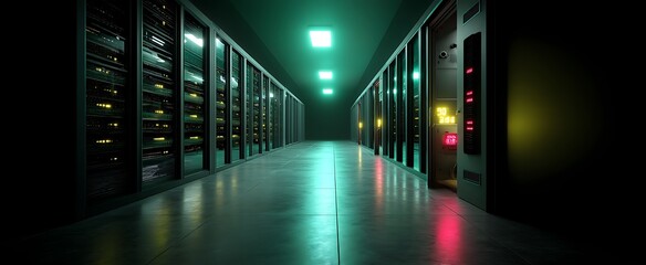 Futuristic Server Room Data Center HighTech Computing Environment with Digital Transformation.