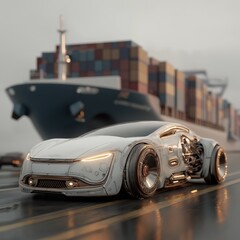 Obraz premium Futuristic Car and Cargo Ship at Port Terminal 