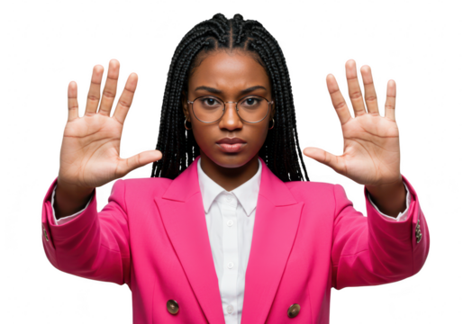 A serious woman with braids and glasses wearing a pink blazer holds up her hands in a stop gesture, isolated on a transparent background
