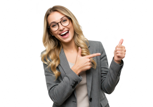 A happy businesswoman with glasses smiles and gives a thumbs up, pointing to the side isolated on transparent background
