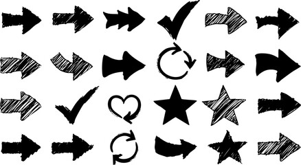 Fototapeta premium Hand-drawn arrow icons: a versatile vector set for web and business design, illustrating direction and love with various shapes